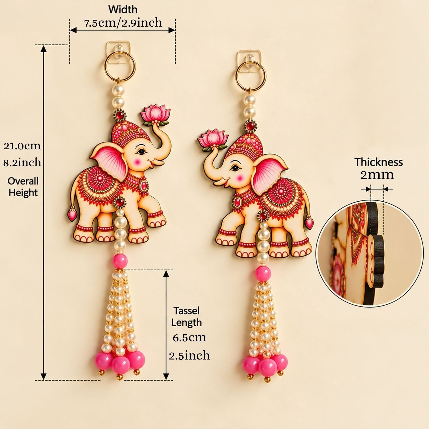 Ascension Pack of 2 Elephant Door Hanging Toran with Pearl Bead Tassels Pink Lotus Ganesha Elephant Wall Hangings for Home Decor for Main Door, Entrance, Pooja Room, Diwali & Festive Decoration - Image 5