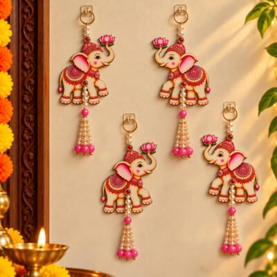 Set of 4 elephant lotus wall hangings with pearl bead tassels mounted on a wall for festive home decor