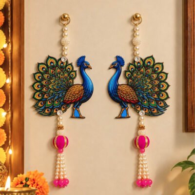 Pair of handcrafted peacock wall hanging ornaments with pearl strands and pink tassels on a beige wall.