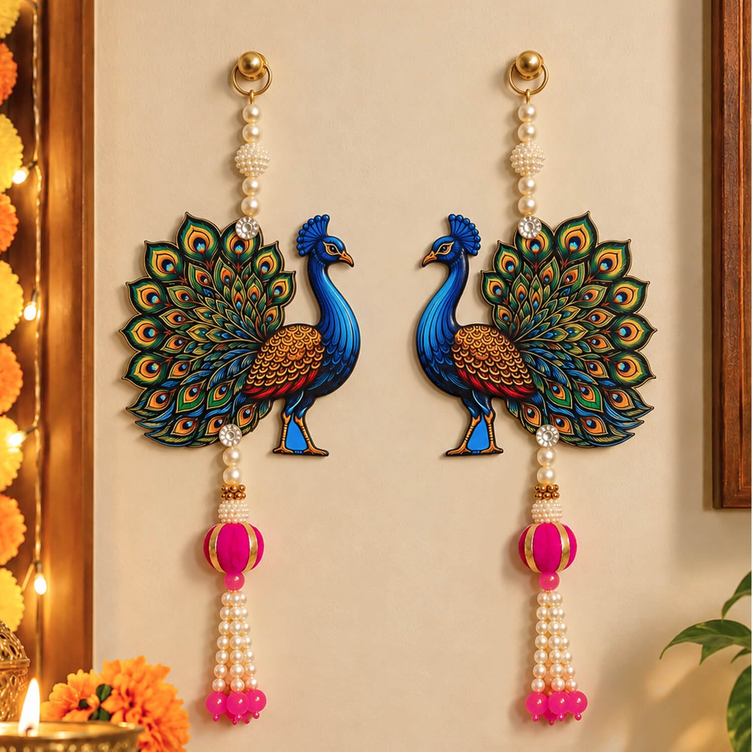 Pair of handcrafted peacock wall hanging ornaments with pearl strands and pink tassels on a beige wall.