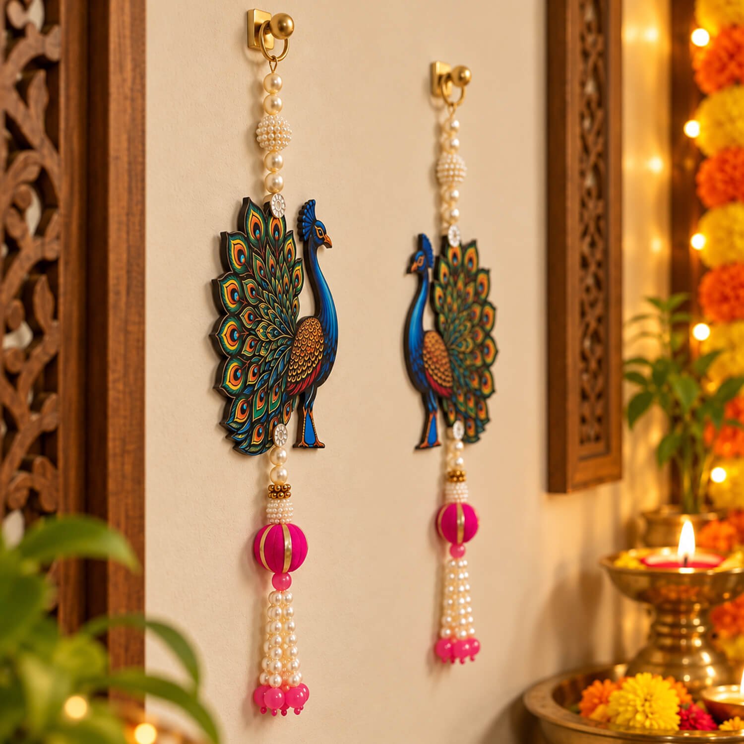Ascension Set of 1 Peacock Door Hanging Toran with Pearl Bead Tassels Pink Latkans Colorful Peacock Wall Hangings for Home Decor for Main Door, Entrance, Pooja Room, Diwali & Festive Decoration - Image 2