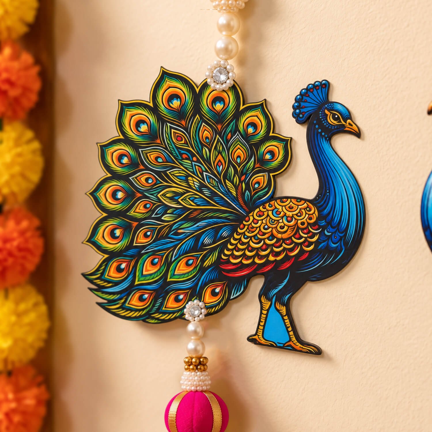 Ascension Set of 1 Peacock Door Hanging Toran with Pearl Bead Tassels Pink Latkans Colorful Peacock Wall Hangings for Home Decor for Main Door, Entrance, Pooja Room, Diwali & Festive Decoration - Image 5
