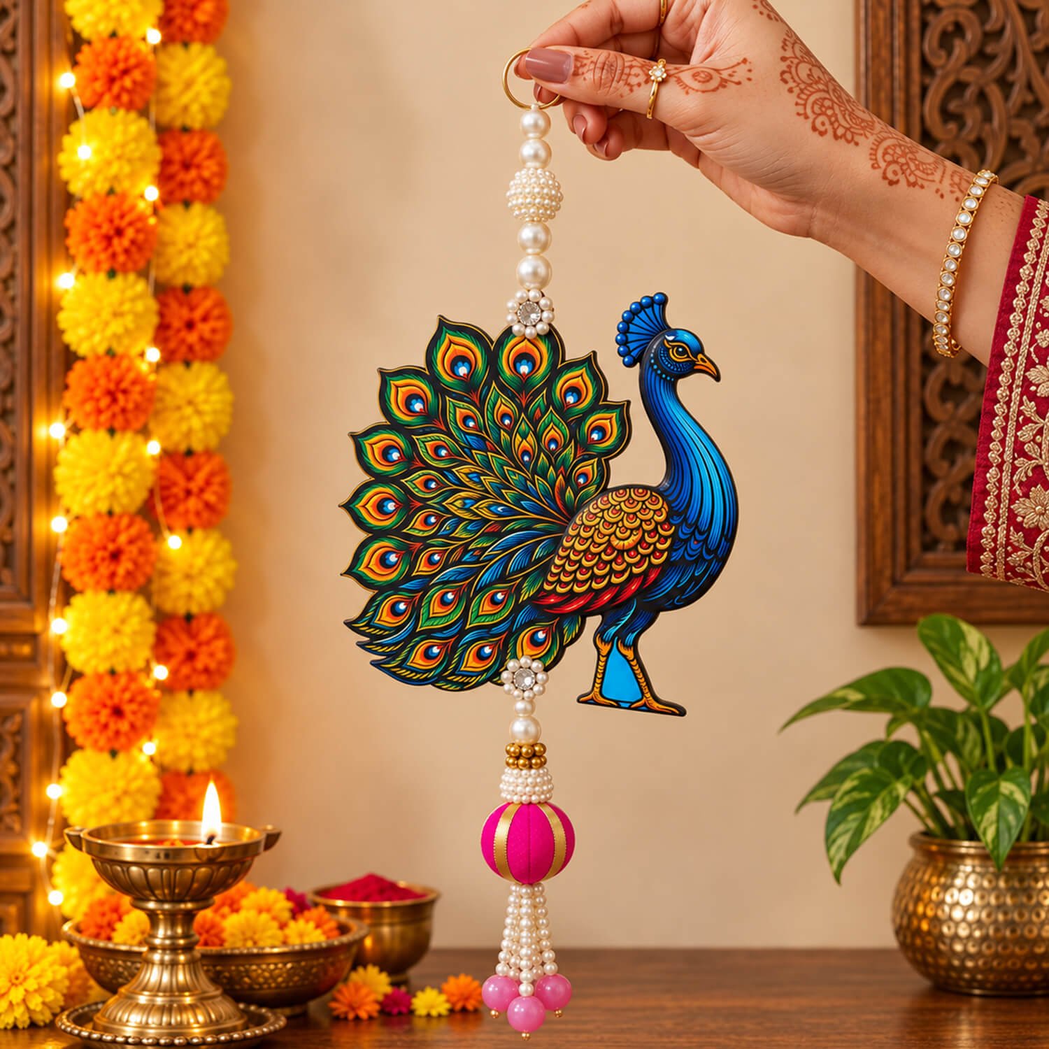 Ascension Set of 1 Peacock Door Hanging Toran with Pearl Bead Tassels Pink Latkans Colorful Peacock Wall Hangings for Home Decor for Main Door, Entrance, Pooja Room, Diwali & Festive Decoration - Image 6