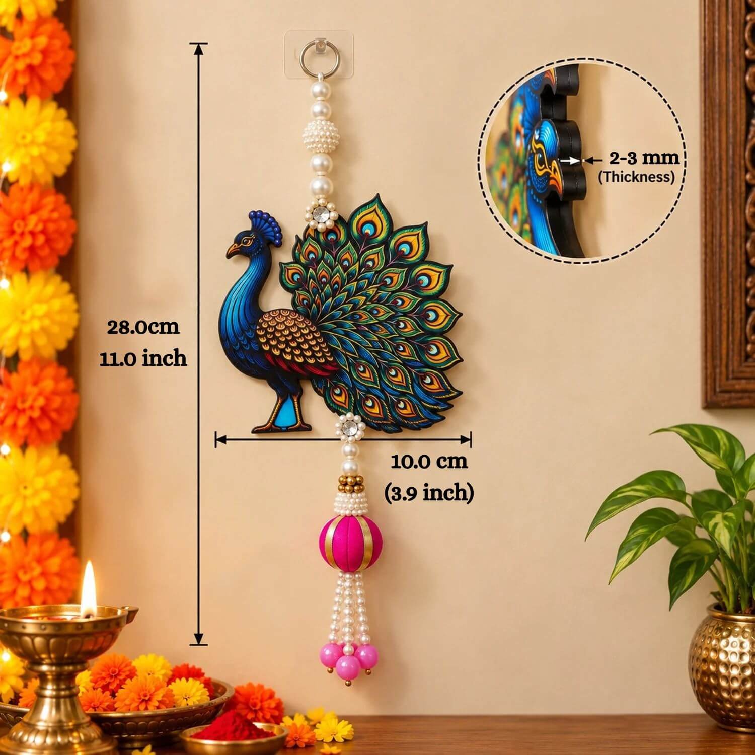 Ascension Set of 1 Peacock Door Hanging Toran with Pearl Bead Tassels Pink Latkans Colorful Peacock Wall Hangings for Home Decor for Main Door, Entrance, Pooja Room, Diwali & Festive Decoration - Image 4