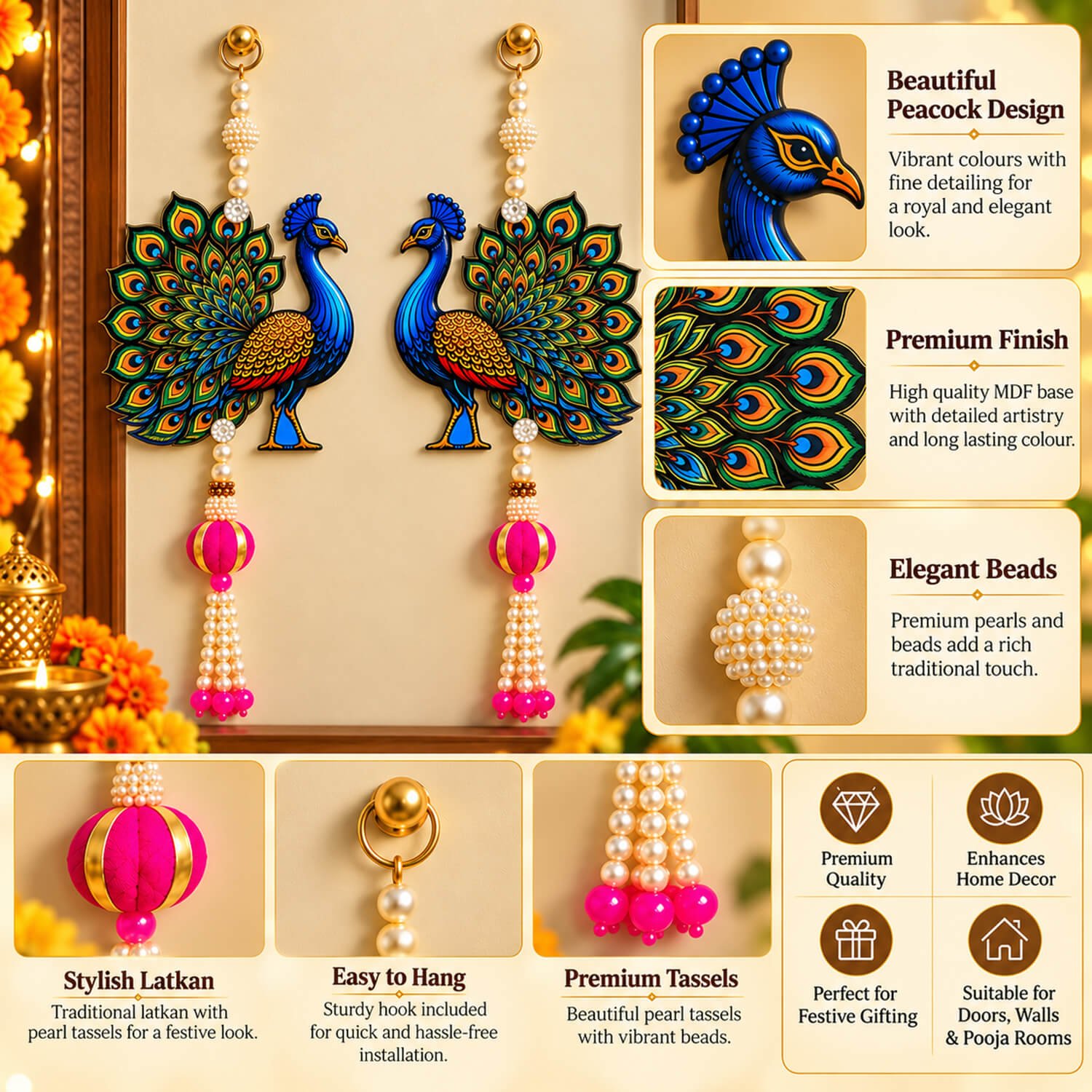 Ascension Set of 1 Peacock Door Hanging Toran with Pearl Bead Tassels Pink Latkans Colorful Peacock Wall Hangings for Home Decor for Main Door, Entrance, Pooja Room, Diwali & Festive Decoration - Image 3
