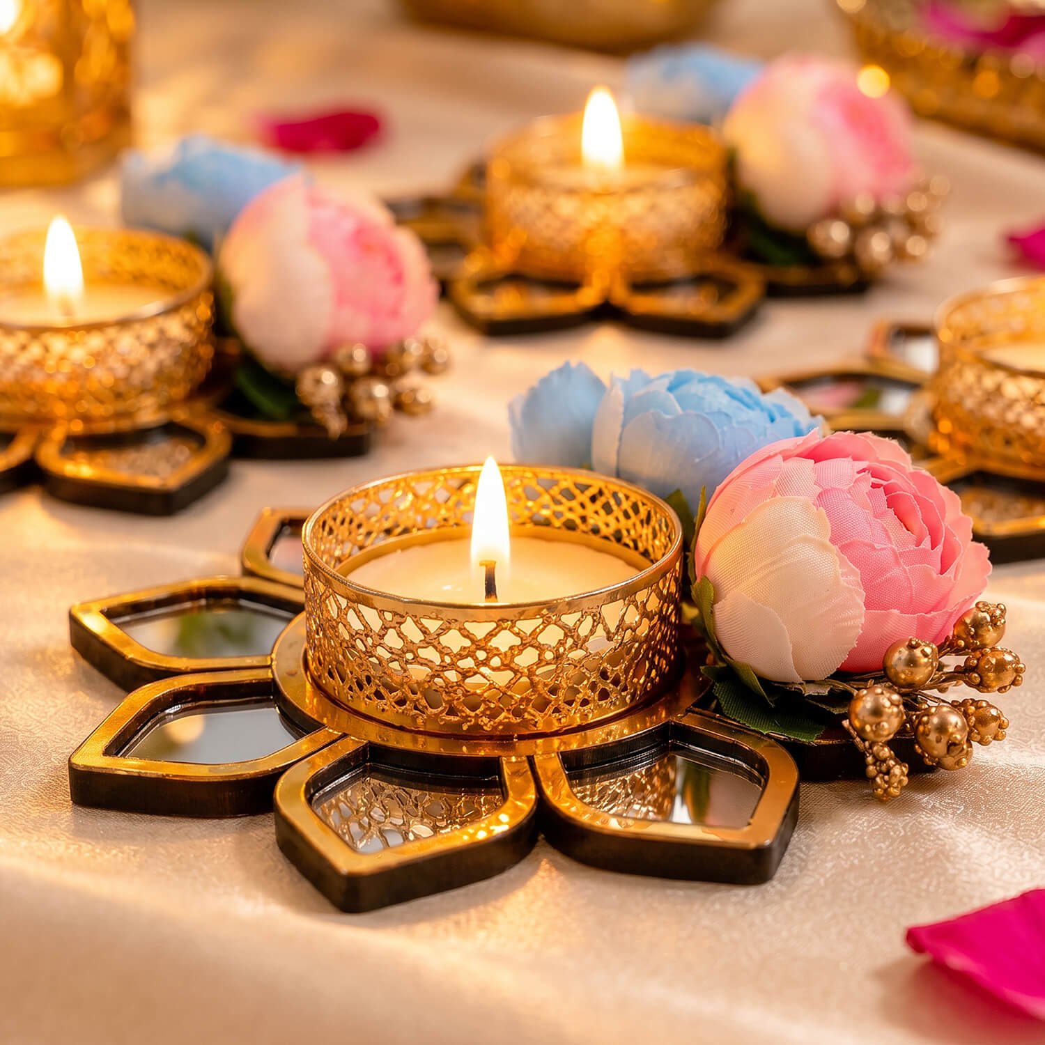 Ascension Set of 2 Lotus Shape Tea Light Candle Holders for Side or Center Table Dining Room Christmas Lighting Home Decoration Diwali Gifts Navratri Dussehra Diya for Home Decoration - Image 6