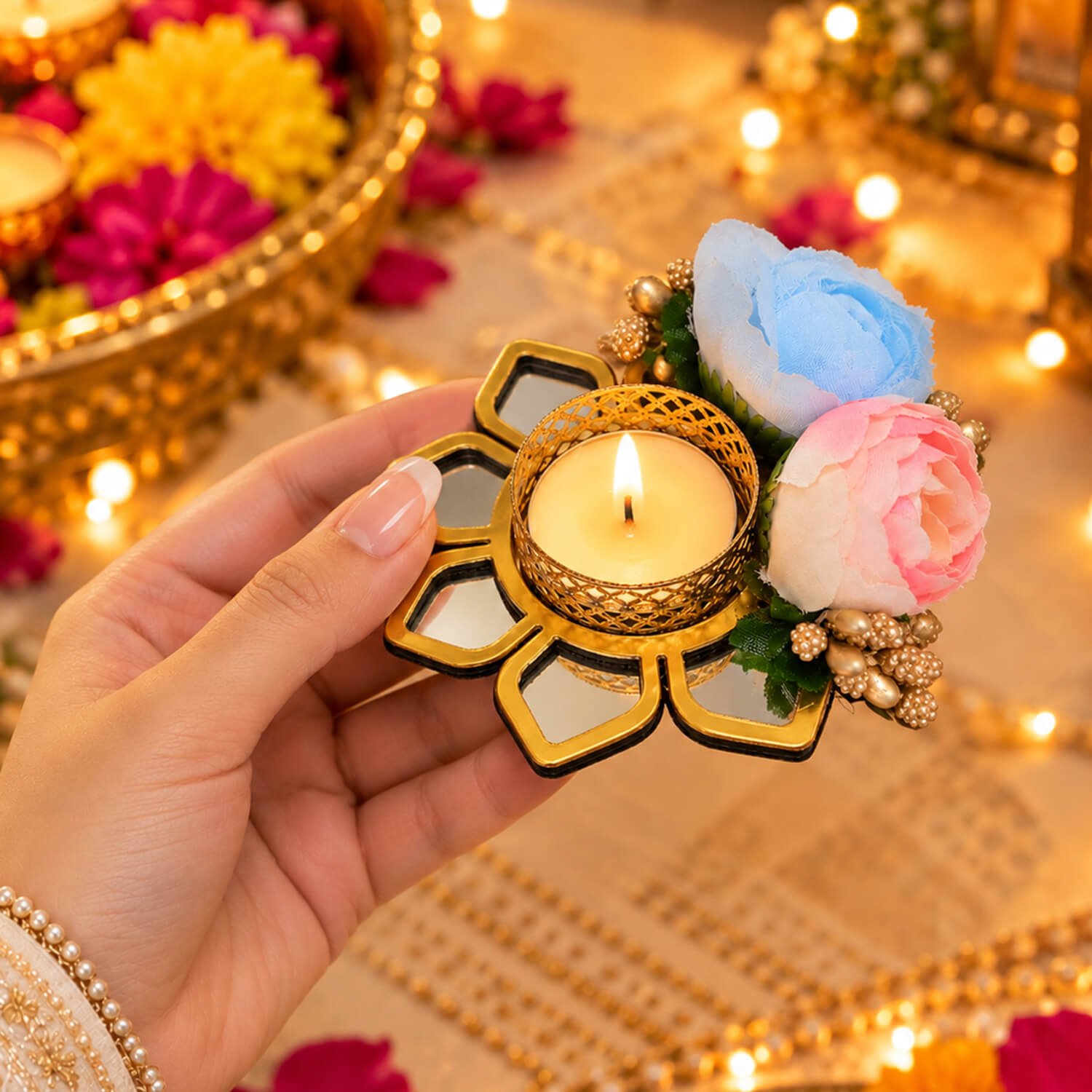 Ascension Set of 4 Lotus Shape Tea Light Candle Holders for Side or Center Table Dining Room Christmas Lighting Home Decoration Diwali Gifts Navratri Dussehra Diya for Home Decoration - Image 6