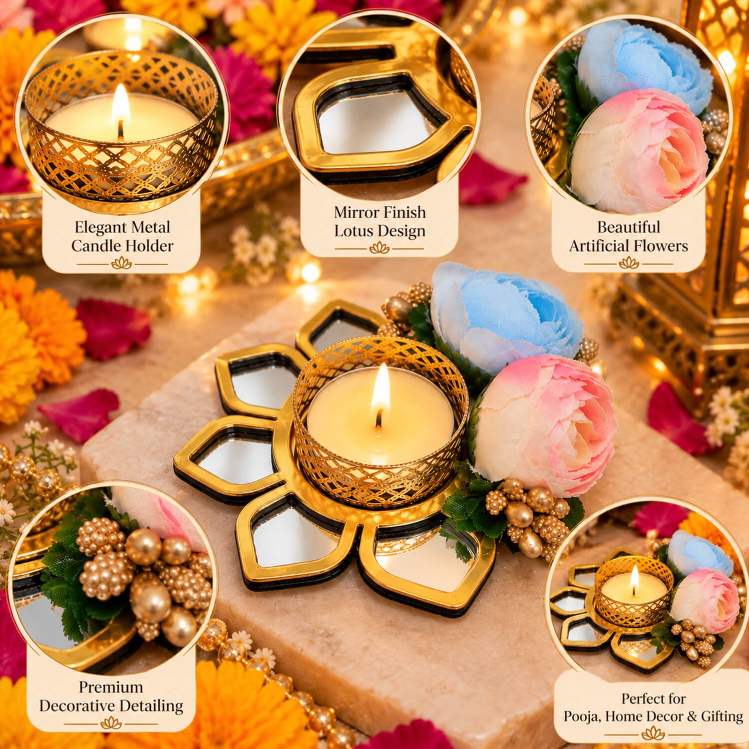 Ascension Set of 4 Lotus Shape Tea Light Candle Holders for Side or Center Table Dining Room Christmas Lighting Home Decoration Diwali Gifts Navratri Dussehra Diya for Home Decoration - Image 2
