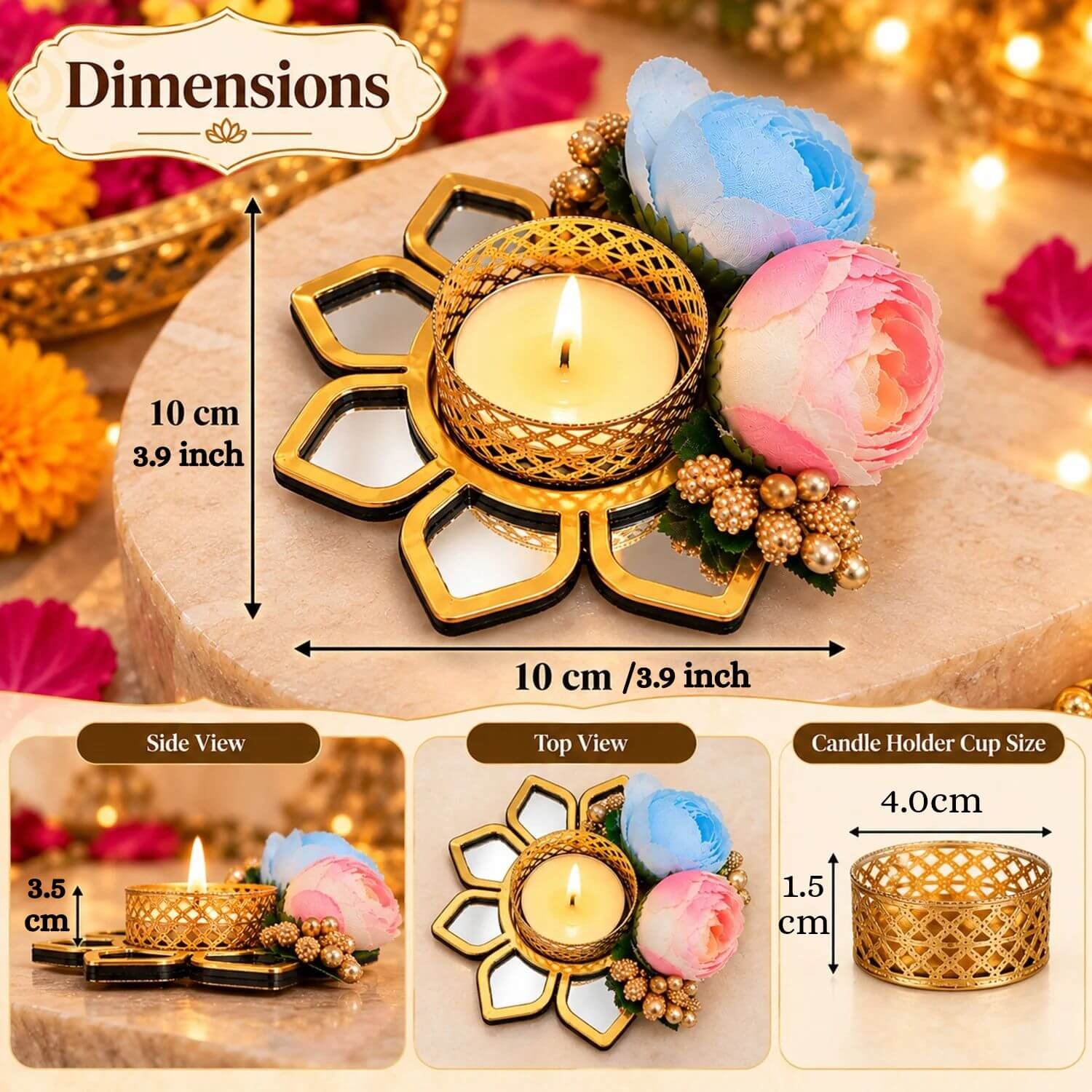 Ascension Set of 4 Lotus Shape Tea Light Candle Holders for Side or Center Table Dining Room Christmas Lighting Home Decoration Diwali Gifts Navratri Dussehra Diya for Home Decoration - Image 3