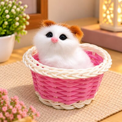 Realistic white and orange plush kitten sits inside a pink and white woven basket.