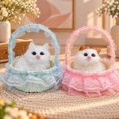 Two realistic plush kittens sit inside light blue and pink lace-trimmed woven baskets.