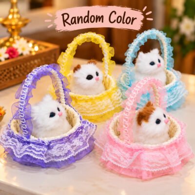 Four realistic plush kittens sit inside purple, yellow, blue, and pink lace-trimmed baskets under a random color sign.