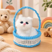 Fluffy white kitten Cute Cat Dashboard Toy sitting inside a woven blue and white basket on a wooden table.
