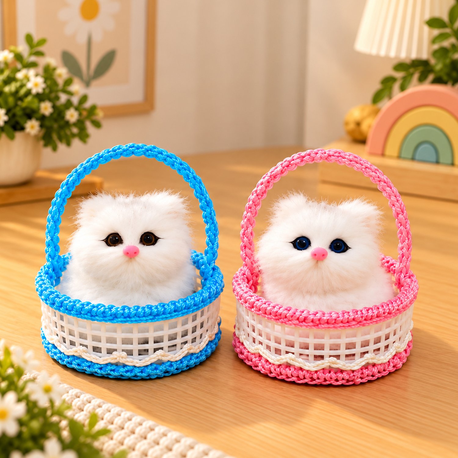 Cute Cat Dashboard Toys set of 2 showing fluffy white kittens sitting inside blue and pink woven baskets on a wooden table.