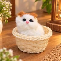 Realistic white and orange plush kitten with blue eyes sits inside a light beige woven basket.