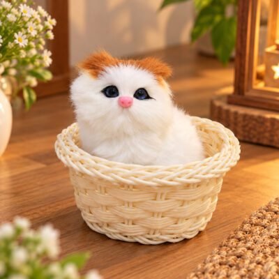 Realistic white and orange plush kitten with blue eyes sits inside a light beige woven basket.